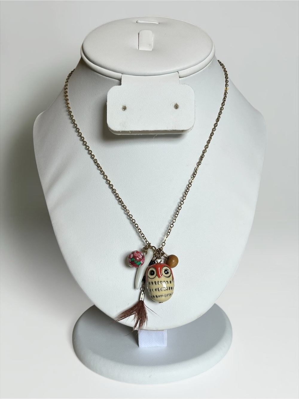 Vintage Enamel Owl Feather Charm Necklace CC X